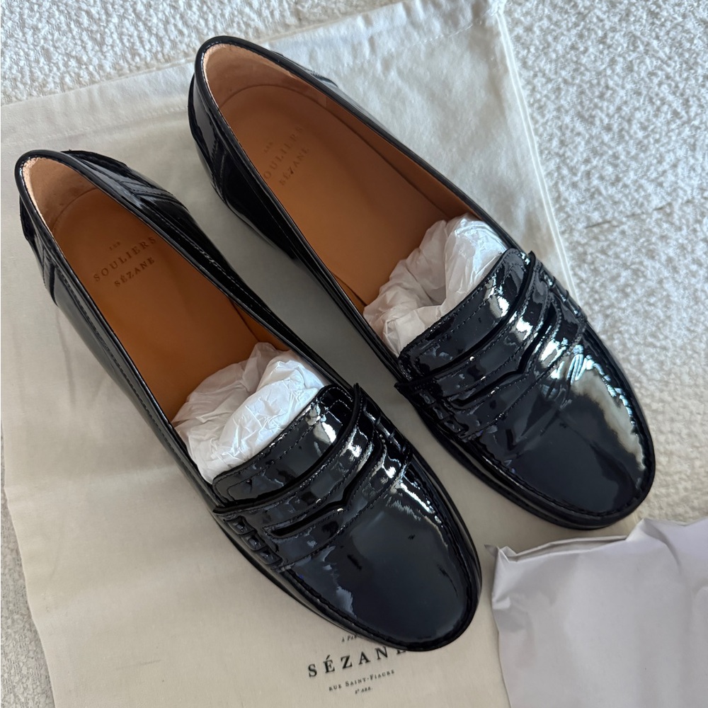 Sézane Black Patent Leather Penny Loafers